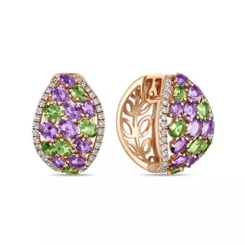 Золотые Серьги c аметистами, бриллиантами и гранатами