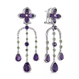 Золотые Серьги c аметистами, бриллиантами и хризолитами