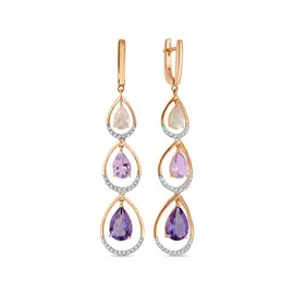 Золотые серьги c аметистами, бриллиантами и кварцем