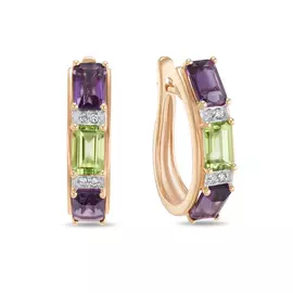 Золотые серьги c аметистами, бриллиантами и перидотами