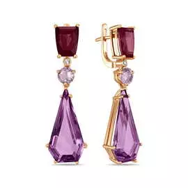 Золотые серьги c аметистами, бриллиантами и родолитом