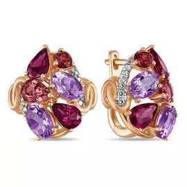 Золотые серьги c аметистами, бриллиантами, родолитом и турмалином