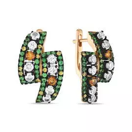 Золотые серьги c аметистами, цитрином, кварцем, цветными сапфирами и цаворитом