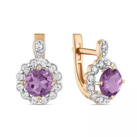 Золотые Серьги c аметистами и фианитами