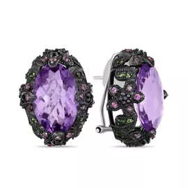 Золотые Серьги c аметистами, цветными сапфирами, сапфирами и цаворитом