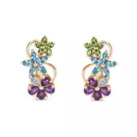 Золотые серьги c аметистами, топазом, бриллиантами и перидотами