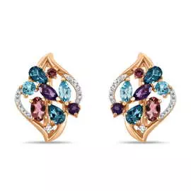 Золотые серьги c аметистами, топазом, бриллиантами и турмалином