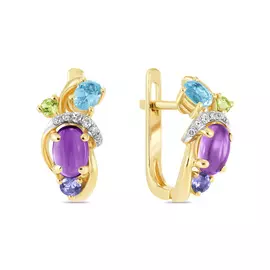 Золотые серьги c аметистами, топазом, бриллиантами, иолитом и перидотами
