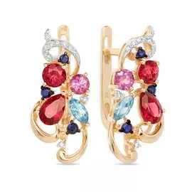 Золотые серьги c аметистами, топазом, бриллиантами, родолитом и сапфирами