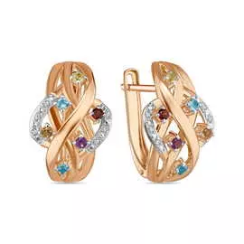 Золотые серьги c аметистами, топазом, цитрином, бриллиантами, гранатами и перидотами