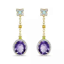 Золотые серьги c аметистами, топазом, цитрином, бриллиантами и перидотами