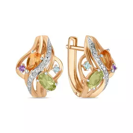 Золотые Серьги c аметистами, топазом, цитрином, бриллиантами и перидотами