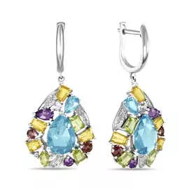 Золотые серьги c аметистами, топазом, цитрином, бриллиантами, перидотами и турмалином