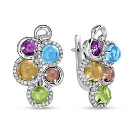 Золотые серьги c аметистами, топазом, цитрином, бриллиантами, перидотами и турмалином