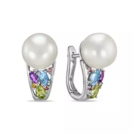 Золотые Серьги c аметистами, топазом, цитрином, бриллиантами, перидотами, жемчугом и турмалином