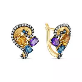 Золотые Серьги c аметистами, топазом, цитрином, бриллиантами и цветными бриллиантами