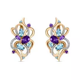 Золотые Серьги c аметистами, топазом и бриллиантами