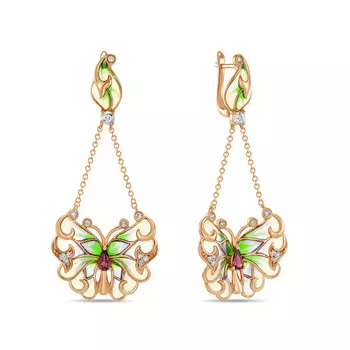 Золотые Серьги c бриллиантами, эмалью, топазом и турмалином