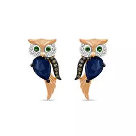 Золотые серьги c бриллиантами, гранатами и сапфирами