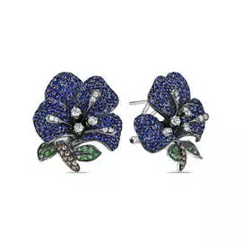 Золотые серьги c бриллиантами, гранатами и сапфирами