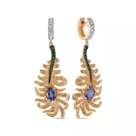 Золотые серьги c бриллиантами, гранатами и танзанитом