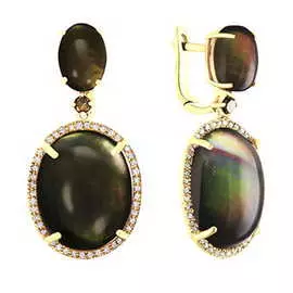 Золотые серьги c бриллиантами и дуплет кварц /перламутрами