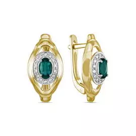 Золотые Серьги c бриллиантами и гидротермальным изумрудом