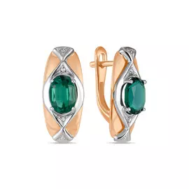Золотые Серьги c бриллиантами и гидротермальным изумрудом