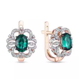 Золотые серьги c бриллиантами и гидротермальным изумрудом