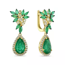 Золотые Серьги c бриллиантами, цветными бриллиантами и изумрудами