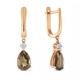 Золотые серьги c бриллиантами и кварцем