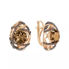 Золотые серьги c бриллиантами и кварцем