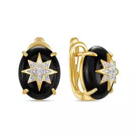 Золотые серьги c бриллиантами и ониксом