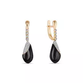 Золотые Серьги c бриллиантами и ониксом