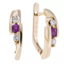 Золотые Серьги c бриллиантами и рубином