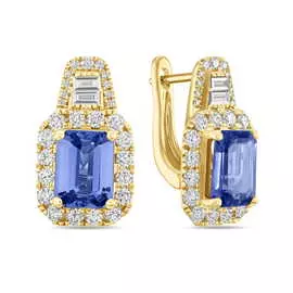 Золотые Серьги c бриллиантами и танзанитами
