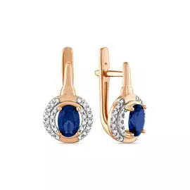 Золотые серьги c бриллиантами и выращенным сапфиром