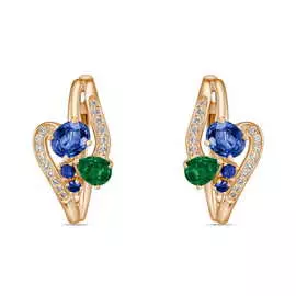 Золотые серьги c бриллиантами, изумрудами и сапфирами