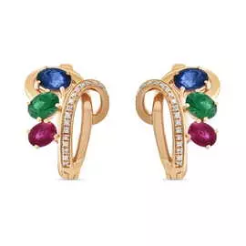 Золотые серьги c бриллиантами, изумрудами, рубинами и сапфирами