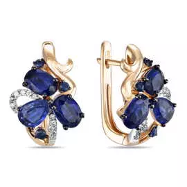Золотые серьги c бриллиантами, кианитом и сапфирами