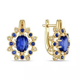 Золотые серьги c бриллиантами, кианитом и сапфирами