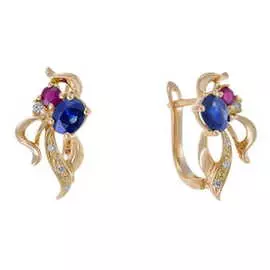 Золотые Серьги c бриллиантами, рубинами и сапфирами