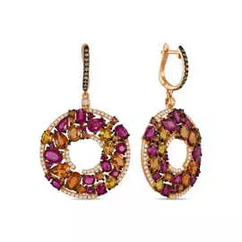 Золотые серьги c бриллиантами, рубином и сапфирами