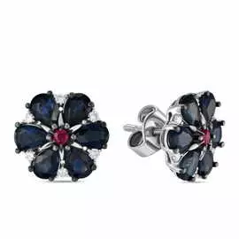 Золотые серьги c бриллиантами, рубином и сапфирами