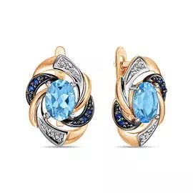 Золотые серьги c бриллиантами, сапфирами и выращенным сапфиром