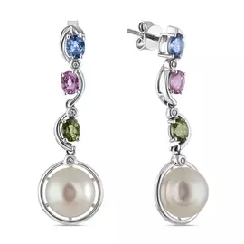 Золотые серьги c бриллиантами, жемчугом и цветными сапфирами