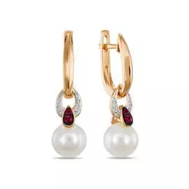 Золотые серьги c бриллиантами, жемчугом и рубинами