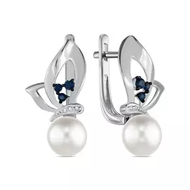 Золотые серьги c бриллиантами, жемчугом и сапфирами