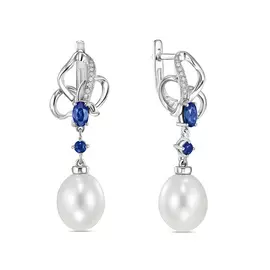 Золотые серьги c бриллиантами, жемчугом и сапфирами