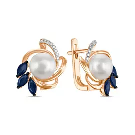 Золотые серьги c бриллиантами, жемчугом и сапфирами
